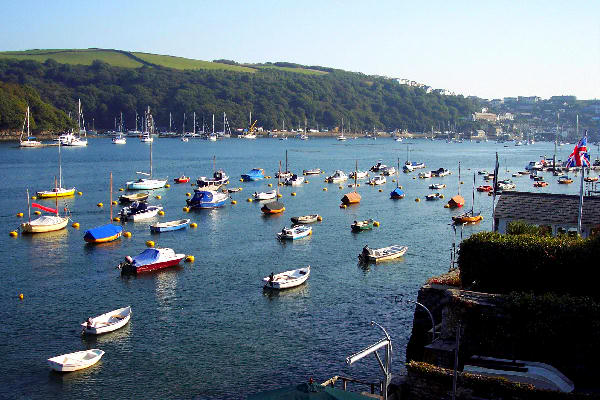 Photograph of myriad picturesque craft moored in Fowey harbour together with the collage of trees and buildings clinging to the hillside at Polruan, beyond